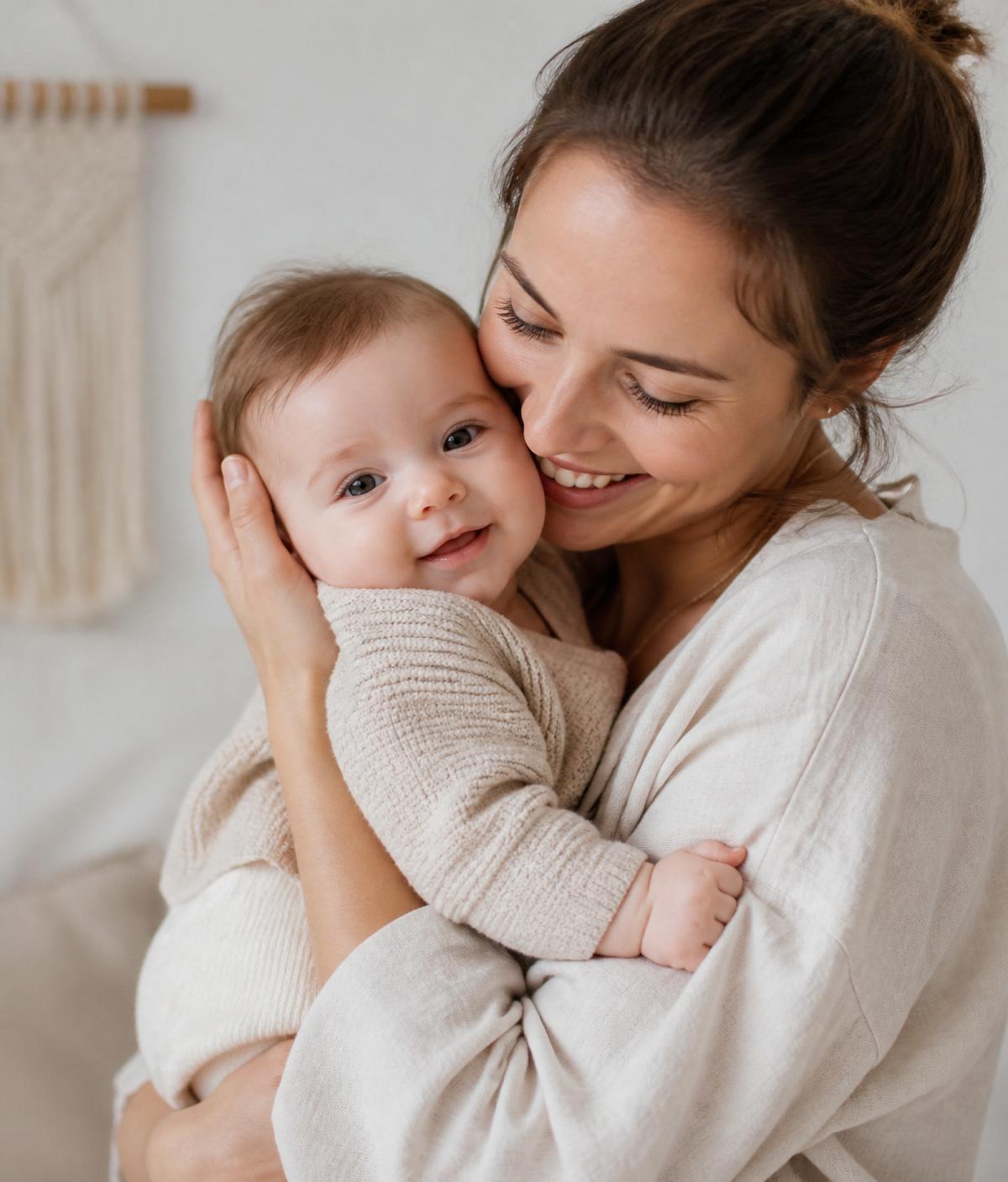 A happy mother holding her baby close